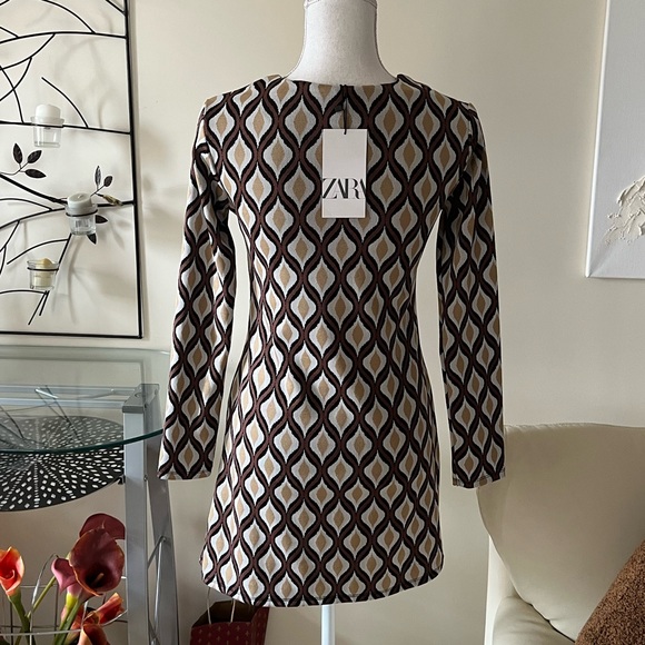 Zara Jacquard Knit Brown Geometric Retro Print Mini Shift Dress Size Small NWT - Picture 15 of 15